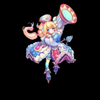 1girl bag black_background blonde_hair bloomers blue_boots blue_eyes boots breath closed_mouth fione_(merc_storia) full_body gloves hair_between_eyes hat highres holding_cannon ice_skates long_sleeves low_twintails merc_storia merc_storia_art_team mini_hat official_art pantyhose sidelocks simple_background skates solo standing tachi-e twintails underwear white_gloves white_hat white_pantyhose