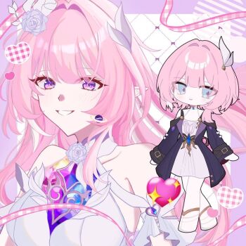 bare_shoulders blush breasts coat commentary cyrene_(aedes_elysiae)_(honkai:_star_rail) cyrene_(honkai:_star_rail) cyrene_(ripples_of_past_reverie)_(honkai:_star_rail) dress dual_persona earrings flower hair_flower hair_ornament honkai:_star_rail honkai_(series) jewelry large_breasts looking_at_viewer multicolored_hair n_uyo7 pink_hair purple_coat purple_eyes short_hair smile symbol-only_commentary two-tone_hair white_dress white_hair