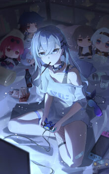 1girl absurdres aki_maple alternate_hairstyle bandaid bandaid_on_leg blade_(honkai:_star_rail) bra_strap breasts character_doll cleavage commentary_request controller doll earclip firefly_(honkai:_star_rail) fishnets food food_in_mouth full_body game_controller grey_eyes grey_hair hair_between_eyes hair_down hair_ornament hairclip handheld_game_console highres holding holding_controller holding_game_controller honkai:_star_rail honkai_(series) indian_style indoors kafka_(honkai:_star_rail) long_hair looking_at_viewer parallel_hairclips playing_games playing_video_games pocky pocky_in_mouth purple-tinted_eyewear shirt short_sleeves silver_wolf_(honkai:_star_rail) single_shoulder_shirt sitting solo stelle_(honkai:_star_rail) television thigh_strap tinted_eyewear trailblazer_(honkai:_star_rail) unworn_eyewear white_shirt