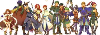 3girls 6+boys armor blue_hair bow_(weapon) boyd_(fire_emblem) brown_hair cape closed_eyes commentary_request e-canvas fire_emblem fire_emblem:_radiant_dawn gatrie_(fire_emblem) green_eyes green_hair headband highres holding holding_bow_(weapon) holding_staff holding_sword holding_weapon ike_(fire_emblem) long_hair mia_(fire_emblem) mist_(fire_emblem) multiple_boys multiple_girls nintendo oscar_(fire_emblem) polearm ponytail purple_hair red_cape red_hair rhys_(fire_emblem) rolf_(fire_emblem) shinon_(fire_emblem) short_hair shorts smile soren_(fire_emblem) staff sword titania_(fire_emblem) weapon