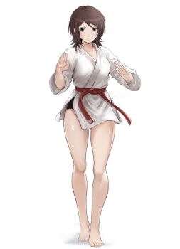 1girl amagami artist_name barefoot belt black_eyes black_panties blush breasts brown_hair closed_mouth collarbone dougi fighting_stance full_body gyuunyuu_pack_(tanaka) hands_up highres long_sleeves looking_at_viewer martial_arts_belt medium_breasts obi palms panties red_belt sash shirt simple_background solo standing takahashi_maya thighs underwear v-shaped_eyebrows white_background