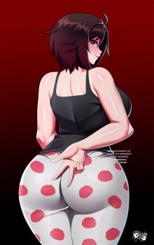 1girl ass bare_shoulders black_hair blush breasts come_hither cowboy_shot from_behind gradient_background gradient_hair grey_eyes highres huge_ass huge_breasts jadenkaiba large_breasts looking_at_viewer looking_back multicolored_hair pajamas red_hair ruby_rose rwby seductive_gaze seductive_smile shiny_skin short_hair smile solo standing tank_top