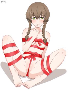 1girl absurdres amane_suzuha barefoot braid breasts brown_hair commentary_request dsuzu green_eyes hand_up highres large_breasts long_hair looking_at_viewer naked_ribbon pussy red_ribbon ribbon science_adventure shiny_skin simple_background smile solo steins;gate twin_braids white_background