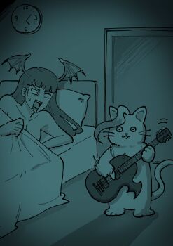 2girls animalization bat_wings bed bedroom breasts capcom cat clock constricted_pupils darkstalkers demon_girl felicia_(cat)_(darkstalkers) felicia_(darkstalkers) guitar highres instrument large_breasts long_hair lying morrigan_aensland multiple_girls nude on_side open_mouth surprised sweatdrop teeth tongue wide-eyed wings