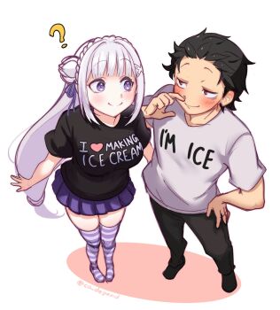 1boy 1girl ? alternate_costume black_hair black_pants black_shirt blunt_bangs blush braid breasts brown_eyes casual closed_mouth clothes_writing co_depend commentary contemporary crown_braid emilia_(re:zero) english_commentary english_text flower from_above grey_hair hair_flower hair_ornament hair_ribbon hand_on_own_hip highres large_breasts long_hair looking_at_another miniskirt natsuki_subaru no_shoes pants pleated_skirt pointy_ears purple_eyes purple_ribbon re:zero_kara_hajimeru_isekai_seikatsu ribbon shirt short_hair short_sleeves simple_background skirt smile standing striped_clothes striped_thighhighs t-shirt thighhighs twitter_username white_background white_hair x_hair_ornament zettai_ryouiki