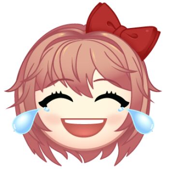 Rule 34 | 1girl, artist request, bow, chibi, chibi only, closed eyes, doki doki literature club, double-parted bangs, emoji, grin, hair bow, laughing, lowres, messy hair, official art, pink hair, portrait, sayori (doki doki literature club), short hair, smile, solo, teardrop