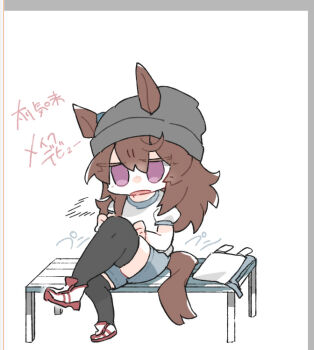 1girl animal_ears beanie beer_hsk black_thighhighs brown_hair chibi commentary_request ears_through_headwear grey_hat grey_shorts gym_shirt gym_shorts gym_uniform hair_between_eyes hat horse_ears horse_girl horse_tail long_hair nakayama_festa_(umamusume) on_bench puffy_short_sleeves puffy_sleeves purple_eyes shirt shoes short_sleeves shorts sitting solo tail thighhighs translation_request umamusume white_background white_shirt white_shoes