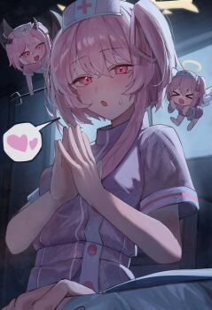 Rule 34 | > <, 1girl, 1other, absurdres, angel and devil, angel wings, black wings, blue archive, blush, breasts, commentary request, demon wings, feather hair, feathers, halo, hat, heart, highres, indoors, looking at viewer, nurse cap, official alternate costume, oiru (613), one side up, open mouth, pink eyes, pink feathers, pink hair, pink hat, serina (blue archive), serina (nurse) (blue archive), short hair, short sleeves, shoulder angel, shoulder devil, small breasts, speech bubble, spoken heart, steepled fingers, sweat, sweatdrop, upper body, white wings, wings, yellow halo