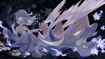 1boy 1girl barefoot bob_cut breasts cleavage closed_eyes cookie_run cookie_run:_kingdom dress elbow_gloves feathered_wings flayyr flower full_body gloves hair_flowing_over head_wreath highres holding_another's_wrist imminent_kiss kneeling knees_up lily_(flower) long_hair multiple_wings personification pure_vanilla_cookie tiara white_dress white_gloves white_hair white_lily white_lily_cookie white_theme white_wings wings