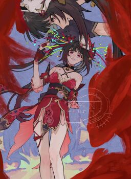 1girl bare_shoulders bell belt black_gloves black_hair black_sash blue_background breasts chest_tattoo colored_inner_hair commentary_request confetti crazy crazy_smile criss-cross_halter curtains detached_sleeves dress feet_out_of_frame floating_hair floral_print flower flower_knot flower_tattoo fox_mask gloves gradient_hair grey_hair gun hair_bell hair_flower hair_ornament halterneck hand_up handgun highres holding holding_gun holding_weapon honeycomb_(pattern) honkai:_star_rail honkai_(series) long_hair looking_at_viewer looking_down lz1f_ds3 mask mask_on_head medium_breasts mole mole_under_each_eye mole_under_eye multicolored_hair multiple_moles multiple_views o-ring o-ring_thigh_strap puffy_short_sleeves puffy_sleeves purple_eyes purple_hair red_dress red_flower red_sleeves sash short_dress short_sleeves sidelocks simple_background sleeveless sleeveless_dress smile sparkle_(honkai:_star_rail) standing tassel tattoo teeth thigh_strap twintails two-tone_hair watermark wavy_hair weapon x_hair_ornament yellow_belt