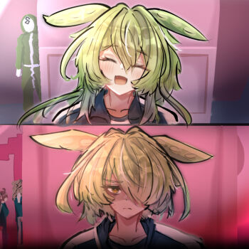 1other 3girls before_and_after closed_mouth commentary_request frown green_hair hair_over_one_eye kasukabe_tsumugi long_hair looking_at_viewer meme multiple_girls muu_hachiba open_mouth pea_pod shaded_face smile solo_focus squid_game touhoku_kiritan upper_body voiceroid voicevox worker_(squid_game) year_1_&amp;_year_2_(squid_game)_(meme) zundamon