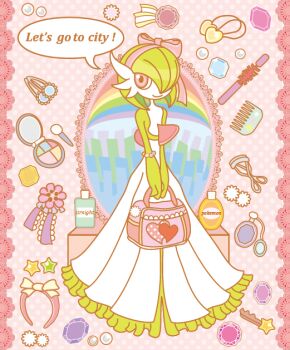 accessories bag border bow comb dress english_text flower gardevoir gen_3_pokemon green_hair hair_ornament handbag headband heart holding looking_at_viewer makeup nintendo perfume pokemon pokemon_(creature) rainbow red_eyes star_(symbol) ticaro white_dress