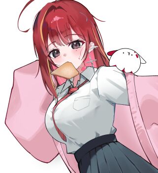 1girl absurdres ahoge akane_lize bandaid bandaid_on_neck black_skirt bra_visible_through_clothes breasts cardigan collared_shirt colored_inner_hair commentary cowboy_shot creature creature_on_shoulder cross cross_earrings dated_commentary double-parted_bangs dutch_angle earrings food_in_mouth grey_eyes hair_intakes hand_up highres huge_ahoge jewelry large_breasts long_hair long_sleeves looking_at_viewer mole mole_under_eye multicolored_hair necktie off_shoulder on_shoulder open_cardigan open_clothes pink_cardigan pink_necktie pleated_skirt red_hair red_pupils school_uniform shirt shirt_tucked_in simple_background skirt small_sweatdrop solo standing stellive straight_hair streaked_hair virtual_youtuber white_background white_shirt wide_sleeves wing_collar yeomhwauranyum