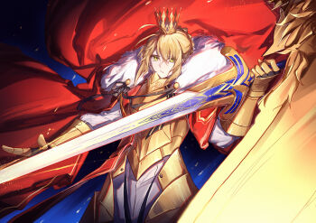 1girl absurdres ahoge armor artoria_pendragon_(fate) blonde_hair breastplate caliburn_(fate) cape commentary crown english_commentary fate/grand_order fate_(series) gauntlets green_eyes haaahoi highres holding holding_sword holding_weapon looking_at_viewer lord_logres_(fate) lord_logres_(first_ascension)_(fate) red_cape saber_(fate) short_hair solo sword weapon