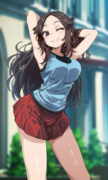 1girl armpits arms_behind_head arms_up bare_shoulders blue_shirt blush breasts brown_eyes brown_hair closed_mouth commentary_request forehead hair_flaps highres leaf_(pokemon) long_hair looking_at_viewer nintendo one_eye_closed parted_bangs pokemon pokemon_frlg red_skirt shirt sidelocks skirt sleeveless sleeveless_shirt smile solo standing thighs tsukishiro_saika