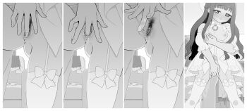 1girl 4koma absurdres black_hair blunt_bangs blush book bow cardcaptor_sakura chair clitoral_hood clitoral_stimulation close-up comic couch cowboy_shot daidouji_tomoyo desk dress female_focus female_masturbation female_pubic_hair fingering garter_belt garter_straps gluteal_fold greyscale half-closed_eyes half-spread_pussy hand_up highres indoors lace-trimmed_garter_belt lace_garter_belt lace_trim legs_apart loli long_hair looking_at_viewer masturbation monochrome motion_lines multiple_views nipple_stimulation nipple_tweak plant potted_plant pubic_hair pussy pussy_juice recording revealing_clothes ribbon spread_pussy spreading_own_pussy standing standing_on_one_leg thighhighs third-party_edit tweaking_own_nipple ukokkei uncensored white_bow white_dress white_garter_straps white_ribbon white_thighhighs