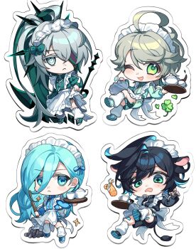 4boys :< ;d ahoge ainchase_ishmael animal_ears apron apron_hold apron_lift back_bow bandaid_on_thigh black_hair black_jacket black_shoes black_shorts blue_eyes blue_hair blue_jacket blue_shoes blue_shorts bluhen_(elsword) blush bow bucket chibi closed_mouth clothes_lift clover colored_extremities colored_eyelashes colored_inner_hair colored_shoe_soles commentary_request crossdressing crossdressing_(mtf) cup diamond-shaped_pupils diamond_(shape) drinking_straw earrings elsword empty_eyes eyepatch food four-leaf_clover frilled_apron frills frown fruit full_body ged_s goat_boy goat_ears goat_tail green_eyes green_hair green_jacket green_shoes green_shorts grey_hair hair_between_eyes hair_over_one_eye heart herrscher_(elsword) highres holding holding_mop horizontal_pupils jacket jersey_maid jewelry kemonomimi_mode korean_commentary leg_warmers long_hair long_sleeves looking_at_viewer maid maid_apron maid_headdress male_focus male_maid mop multicolored_hair multiple_boys multiple_persona one_eye_closed open_mouth opferung_(elsword) orange_(fruit) orange_slice ponytail richter_(elsword) ringed_eyes scythe shoes short_hair shorts simple_background single_earring single_hair_intake smile sneakers sweat symbol-shaped_pupils tail teacup teapot track_jacket tray tripping unconventional_maid very_long_hair white_apron white_background white_bow white_eyes white_leg_warmers wide-eyed zipper_pull_tab