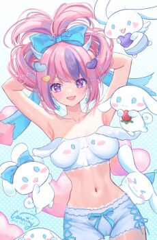 1girl ahoge armpits arms_behind_head blue_bow bow breasts canniny cinnamoroll demon_girl demon_horns hair_bow hair_ornament heart heart_ahoge heart_hair_ornament highres horns indie_virtual_youtuber ironmouse large_breasts looking_at_viewer multicolored_hair navel open_mouth pink_hair purple_eyes purple_hair solo streaked_hair virtual_youtuber white_horns
