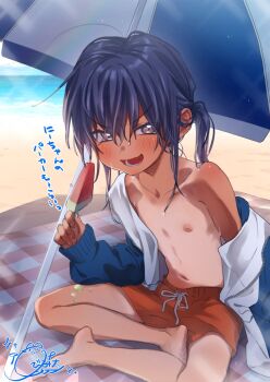 1boy bare_pectorals beach beach_umbrella bishounen blue_jacket blush child collarbone crossed_legs dripping ferea_bimi food highres ice_cream ichihashi_kei inaka_ni_kaeru_to_yakeni_natsuita_kasshoku_ponytail_shota_ga_iru jacket legs looking_at_viewer male_focus naughty_face navel nipples official_art open_mouth orange_shorts pectorals picnic ponytail purple_eyes purple_hair shirt_slip shorts shota single_bare_shoulder sitting solo stomach sunlight sweat sweatdrop tan tanline umbrella undressing v-shaped_eyebrows