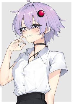1girl :d ahoge alternate_costume alternate_hairstyle black_choker black_skirt blush border choker collared_shirt criss-cross_halter dress_shirt grey_background grin hair_ornament hairpin halterneck hand_on_own_face hand_up highres looking_at_viewer open_mouth outside_border parted_lips purple_eyes purple_hair shirt short_hair short_sleeves simple_background skirt smile solo upper_body voiceroid white_border wing_collar yuzuki_yukari zooanime
