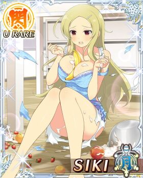 1girl :o apple apron arms_up banana barefoot blonde_hair blue_apron border breasts card_(medium) character_name cream_on_breasts food food_between_breasts fruit game_cg hair_ornament hairclip kitchen knees_up large_breasts long_hair looking_down middle_part mixing_bowl mole mole_under_mouth official_art parted_bangs red_eyes senran_kagura senran_kagura_new_wave shiki_(senran_kagura) simulated_paizuri sitting solo spill strawberry third-party_source torn_clothes