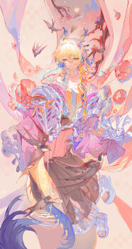 1girl absurdres arknights bare_shoulders bird black_pants blonde_hair braid camisole chinese_commentary choker closed_mouth colored_extremities commentary_request cup dragon_girl dragon_horns dragon_tail drinking_glass eastern_dragon_horns eastern_dragon_tail eyeliner floral_background flower fruit_earrings full_body hair_between_eyes hair_flower hair_ornament hair_over_shoulder highres holding holding_cup horns lemonnade long_hair looking_at_viewer makeup multicolored_hair official_alternate_costume orange_eyeliner pants pink_background pink_flower pointy_ears pouring sandals shawl shu_(arknights) shu_(spring_feast)_(arknights) smile solo standing tail water white_shawl yellow_camisole yellow_choker yellow_hands