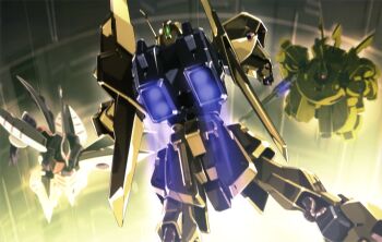 aeug beam_rifle cable damaged energy_gun glowing gundam gundam_perfect_file highres hyaku_shiki kenki_fujioka machinery mecha mecha_focus missing_limb mobile_suit neo_zeon o&#039;neill_cylinder official_art one-eyed qubeley radio_antenna realistic robot scan scene_reference science_fiction space_habitat the_o_(mobile_suit) thrusters traditional_media weapon zeta_gundam