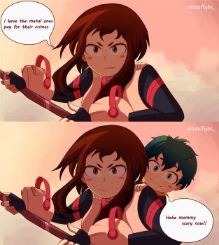 Rule 34 | 1boy, 1girl, artist name, black bodysuit, blush stickers, bodysuit, boku no hero academia, brown eyes, brown hair, closed mouth, english text, green eyes, green hair, hero outfit (mha), highres, if they mated, looking at viewer, matching hair/eyes, mother and son, multicolored bodysuit, pink bodysuit, sidelocks, smile, speech bubble, steffybs, superhero costume, superheroine costume, uraraka ochako, uraraka ochako (hero outfit), white bodysuit