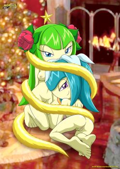 2girls all_fours ass blue_eyes christmas christmas_tree cleft_of_venus cosmo_(sonic) cosmo_the_seedrian flower galaxina_(sonic_x) hair_flower hair_ornament highres monster_girl multiple_girls nipples nude plant plant_girl purple_eyes pussy sega siblings sisters smile sonic_(series) sonic_x
