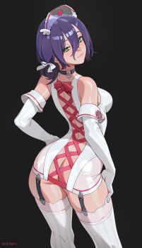 1girl absurdres ass backless_dress backless_outfit bare_shoulders black_choker blush breasts chainsaw_man choker criss-cross_back-straps dnaitari dress elbow_gloves from_behind garter_straps gloves green_eyes grenade_pin hair_between_eyes hair_bun highres long_hair_between_eyes looking_at_viewer looking_back no_panties nurse purple_hair reze_(chainsaw_man) short_hair single_hair_bun sleeveless smile solo striped_clothes striped_thighhighs thighhighs vertical-striped_clothes vertical-striped_thighhighs white_dress white_gloves white_thighhighs