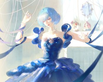 Rule 34 | 1girl, absurdres, bead bracelet, beads, blue dress, blue hair, blue nails, blue ribbon, bracelet, chinese commentary, choker, collarbone, commentary request, cowboy shot, detached sleeves, dress, dress flower, fireplace, flower, grey flower, hair between eyes, hair bun, hamel (path to nowhere), highres, indoors, jewelry, light particles, lipstick, luori dianxin, makeup, mirror, nail polish, path to nowhere, purple eyes, red lips, ribbon, single hair bun, snow globe, solo, standing, strapless, strapless dress, trophy, white choker