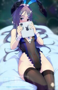 animal_ear_hairband animal_ears black_thighhighs blue_leotard breasts covered_navel crescent crescent_hair_ornament exia_(hacker_rabbit)_(nikke) exia_(nikke) fake_animal_ears goddess_of_victory:_nikke hair_ornament hairband hairclip highleg highleg_leotard highres holding holding_tablet_pc leotard long_hair looking_at_viewer official_alternate_costume peach-cup purple_eyes purple_hair rabbit_ear_hairband rabbit_ears rabbit_hair_ornament see-through_clothes see-through_leotard small_breasts tablet_pc thighhighs