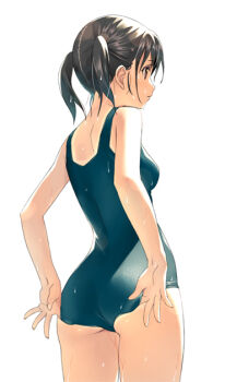 1girl adjusting_clothes adjusting_swimsuit ass bare_arms bare_shoulders black_hair black_one-piece_swimsuit brown_eyes commentary_request from_behind koutaro looking_away one-piece_swimsuit original parted_lips profile school_swimsuit simple_background solo swimsuit tan tanline twintails wet white_background