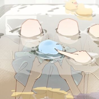 2girls auklet5580 black_hair blonde_hair bubble cho_kaguya-hime! commentary female_pov highres kaguya_(cho_kaguya-hime!) multiple_girls poking pov rubber_duck sakayori_iroha same-sex_bathing shared_bathing sitting sitting_on_lap sitting_on_person yuri
