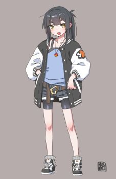 1girl akari_(raigou) belt belt_buckle bike_shorts black_hair black_shoes boned_meat buckle commentary elf fang food hand_in_pocket highres jacket jewelry meat open_belt open_mouth original pendant pointy_ears ponytail raigou seal_impression shoes short_hair shorts sidelocks skin_fang sneakers socks solo thick_eyebrows yellow_eyes