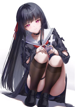 1girl arm_cutout black_choker black_hair black_jacket black_serafuku black_shirt black_shoes black_skirt black_socks blush chisa_(wuthering_waves) choker closed_mouth clothing_cutout collarbone commentary_request four-finger_heart_hands full_body hair_ribbon heart heart_hands highres jacket long_hair long_sleeves looking_at_viewer mole mole_under_eye neckerchief red_eyes red_neckerchief red_ribbon ribbon sailor_collar school_uniform serafuku shirt shoes simple_background skirt smile socks solo squatting thigh_strap very_long_hair white_background white_sailor_collar wuthering_waves xfate