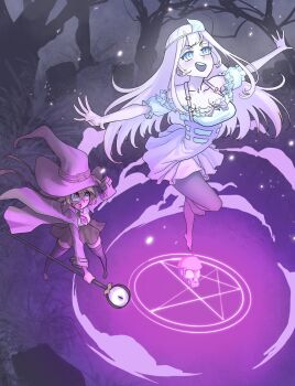 blonde_hair blue_eyes breasts capelet cleavage collared_shirt dress forest ghost hair_ornament hat highres hololive hololive_english long_sleeves magic_circle multiple_girls nature neckerchief necktie open_mouth red_neckerchief shirt short_hair staff summoning triangular_headpiece virtual_youtuber watson_amelia white_shirt witch_hat zedd_(zedgawr)