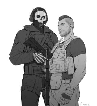 2boys arm_hair beard beard_stubble belt call_of_duty call_of_duty:_modern_warfare_2 chest_harness commentary dated english_commentary facial_hair ghost_(modern_warfare_2) gloves gun harness headphones highres holding holding_gun holding_weapon looking_ahead looking_to_the_side male_focus mask mohawk multiple_boys pants shirt short_hair short_sleeves signature simple_background skull_print soap_(modern_warfare_2) stubble sun_stark t-shirt tactical_clothes thigh_belt thigh_strap union_jack vest weapon white_background