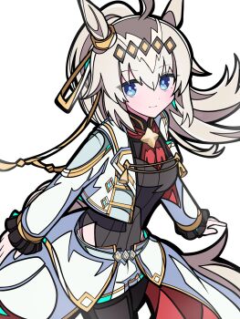 1girl ahoge animal_ears black_pantyhose blue_eyes blush breasts brooch closed_mouth clothing_cutout cropped_jacket grey_hair grey_leotard grey_tail hair_between_eyes hair_ornament hair_ribbon hashtag-only_commentary highres hip_vent horse_ears horse_girl horse_tail jacket jewelry kikkasoon leotard long_hair long_sleeves looking_at_viewer neckerchief official_alternate_costume oguri_cap_(umamusume) overskirt pantyhose ponytail red_neckerchief ribbon shorts simple_background smile solo star_brooch tail umamusume umamusume:_cinderella_gray white_background white_jacket white_shorts