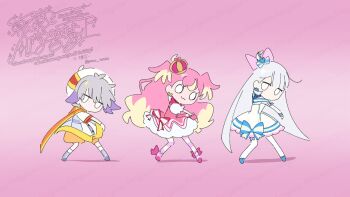 1boy 2girls :3 antenna_hair bare_shoulders beret blonde_hair blue_crown blue_shoes blue_sleeves blunt_bangs blunt_ends boots bow bow_earrings bow_legwear bowtie buttons cape chibi closed_mouth clothing_cutout colored_tips commentary_request crown crown_earrings cure_nyammy cure_wonderful dancing dress dress_bow earrings expressionless flat_color frilled_arm_warmers frilled_dress frilled_sleeves frilled_wrist_cuffs frills gloves gradient_background grey_boots grey_hair hair_between_eyes hair_bow hair_ears happy hat hat_ornament heart heart_hat_ornament inukai_komugi jewelry kneehighs large_bow legs_apart magical_boy magical_girl medium_dress mini_crown miniskirt multicolored_hair multiple_girls nekoyashiki_yuki no_mouth o_o orange_cape orange_sailor_collar orange_shorts pantyhose pink_background pink_boots pink_bow pink_bowtie pink_crown pink_dress pink_hair pink_pantyhose pink_wrist_cuffs precure puffy_short_sleeves puffy_shorts puffy_sleeves robe sailor_collar serizawa_serizane shoes short_dress short_hair short_sleeves shorts shoulder_cutout simple_background single_stripe skirt skirt_under_dress smile socks standing straight_hair striped_bow striped_clothes striped_pantyhose striped_sleeves thighhighs toyama_daifuku toyama_daifuku_(magical_boy) twitter_username two-tone_hair two-tone_pantyhose watermark watermark_grid white_arm_warmers white_bow white_dress white_gloves white_hat white_robe white_skirt white_sleeves white_socks white_thighhighs wonderful_precure! wrist_cuffs yellow_bow yellow_pantyhose
