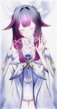 Rule 34 | 1girl, absurdres, bare legs, bare shoulders, black hair, bow, bowtie, closed eyes, closed mouth, columbina (genshin impact), commentary request, dress, eye mask, genshin impact, hair ornament, hair ribbon, hand up, head wings, highres, long hair, mask, multicolored hair, multiple wings, purple hair, purple streaks, ribbon, simple background, siu-4u, solo, standing, streaked hair, two-tone hair, very long hair, white background, white bow, white dress, white wings, wing hair ornament, wings, x-shaped eyewear