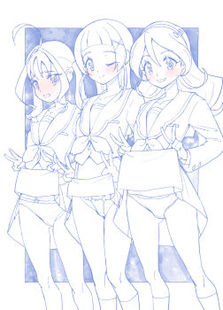 3girls breasts character_request clothes_lift commentary copyright_request double_v hair_ornament hashtag-only_commentary highres lifting_own_clothes long_hair miyagoe_yoshitsuki multiple_girls one_eye_closed panties school_uniform skirt skirt_lift small_breasts smile standing string_panties twintails underwear v