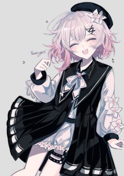 1girl :d absurdres beret black_dress black_hat closed_eyes cowboy_shot dress facing_viewer flower gradient_hair grey_background hair_flower hair_ornament hand_up hat highres long_sleeves mahou_shoujo_no_majo_saiban multicolored_hair neck_ribbon o-ring o-ring_thigh_strap open_mouth pink_hair pleated_dress ribbon sakuraba_ema short_hair shorts smile solo standing thigh_strap white_flower white_hair white_ribbon white_shorts wo_you_haoduo_yuanyan x_hair_ornament