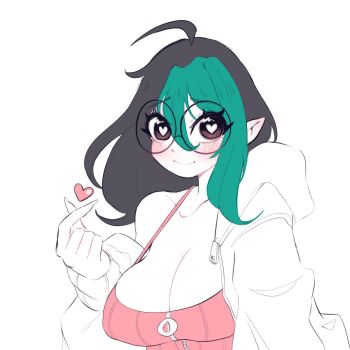 1girl ahoge akane_k0 akane_ko black_hair blush breasts brown_eyes cleavage collarbone commentary finger_heart fingernails glasses green_hair heart heart-shaped_pupils heart_in_eye highres hood hood_down hoodie large_breasts long_hair multicolored_hair off_shoulder open_clothes original pink_tank_top pointy_ears round_eyewear smile solo spanish_commentary symbol-shaped_pupils symbol_in_eye tank_top two-tone_hair zipper