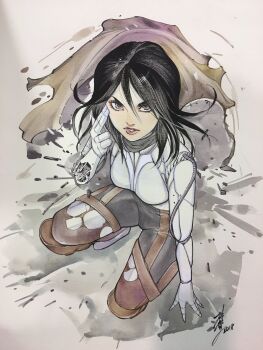 1girl 2018 alita battle_angel_alita black_hair black_shorts brown_pantyhose cable cape cyborg debris eyeliner grey_background grey_eyes grey_scarf hand_on_ground hand_on_own_face highres joints looking_up makeup mechabare mechanical_arms mechanical_hands mechanical_legs metal_skin on_one_knee pantyhose peach_momoko red_eyeliner red_lips robot_joints scarf science_fiction shorts signature simple_background torn_cape torn_clothes torn_pantyhose traditional_media two-tone_background variant_set white_background yellow_cape