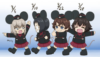 Rule 34 | 10 ji lay, 4girls, absurdres, akaboshi koume, animal ears, birthday, black footwear, black hair, black hat, black jacket, brown hair, chibi, chibi only, curly hair, dated, garrison cap, girls und panzer, glass, grey hair, hat, hida ema, highres, itsumi erika, jacket, katsuya megu, kuromorimine military uniform, long hair, miniskirt, mouse ears, mouse girl, mouse tail, multiple girls, red skirt, short hair, skirt, smile, tail