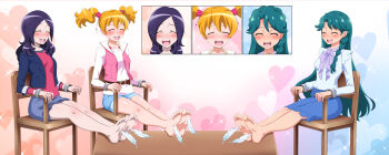 3girls :d aqua_hair barefoot belt black_hair blonde_hair blue_background blue_bow blue_bowtie blue_jacket blue_shirt blue_shorts blue_skirt blush bow bowtie braid breasts brown_belt chair closed_eyes coffee_table collared_vest colorful_background commentary commission crown_braid denim denim_shorts english_commentary facing_ahead feathers feet feet_on_table fresh_precure! frilled_shirt frills full_body furrowed_brow go!_princess_precure gradient_background hair_between_eyes hair_ornament hair_scrunchie heart heart_background higashi_setsuna highres in-franchise_crossover jacket kaidou_minami lapels laughing layered_sleeves long_hair long_sleeves medium_hair miniskirt mixed-language_commentary momozono_love multiple_girls on_chair open_clothes open_jacket open_mouth open_vest orange_background orcaleon outstretched_legs pale_skin parted_bangs pink_background pink_scrunchie pink_vest precure red_shirt scrunchie shirt shirt_tucked_in shorts single_braid sitting skirt small_breasts smile soles sparkle sparkle_background sweatdrop table teeth tickling tickling_feet toes twintails upper_teeth_only vest white_background white_feathers white_shirt