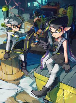 3girls absurdres agent_3_(splatoon) behind-the-head_headphones black_dress black_gloves black_hair black_pants black_pantyhose black_shoes blonde_hair blue_eyes blue_hat bow-shaped_hair breasts briefcase brown_pupils callie_(alterna)_(splatoon) callie_(splatoon) captain_3_(splatoon) closed_mouth coat commentary cross-shaped_pupils doggo_1d34 dress earrings full_body gloves grey_hair grey_shirt hat headphones hero_charger_(splatoon) hero_roller_(splatoon) highres holding holding_briefcase hood hood_down hooded_coat inkling jewelry long_hair long_pointy_ears looking_at_viewer marie_(alterna)_(splatoon) marie_(splatoon) medium_hair mole mole_under_eye multiple_girls neck_ring nintendo pants pantyhose parted_bangs patchwork_clothes peaked_cap pointy_ears sandals shirt shoes sitting small_breasts smile splatoon_(series) splatoon_3 strapless strapless_dress symbol-only_commentary symbol-shaped_pupils tentacle_hair thick_eyebrows torn_clothes torn_pants twintails v very_long_hair white_coat white_pantyhose yellow_eyes zapfish
