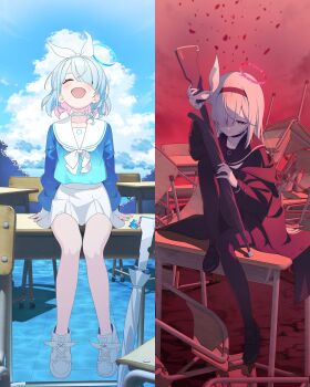 2girls absurdres arona_(blue_archive) bare_legs black_choker black_hairband black_pantyhose black_serafuku blue_archive blue_hair blue_halo bow braid chair choker contrast desk grey_hair gun hair_over_one_eye hairband halo highres holding holding_gun holding_weapon keita_(kta0) multicolored_hair multiple_girls on_desk pantyhose pink_hair plana_(blue_archive) red_background red_halo school_desk school_uniform serafuku short_hair sitting skirt sky smile split_screen split_theme two-tone_hair umbrella_gun weapon white_choker white_skirt