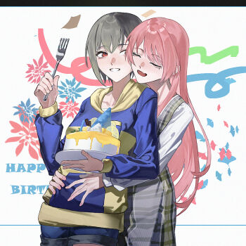 2girls bang_dream! bang_dream!_it&#039;s_mygo!!!!! blue_hoodie cake cheek-to-cheek chihaya_anon commentary dress fang food fork grey_dress grey_hair grin hand_on_another&#039;s_waist happy_birthday heads_together hinooka holding holding_cake holding_food holding_fork hood hoodie hug hug_from_behind long_hair multiple_girls open_mouth pinafore_dress pink_hair red_eyes shirt short_hair skin_fang sleeveless sleeveless_dress smile takamatsu_tomori two-tone_hoodie white_shirt yellow_hoodie yuri